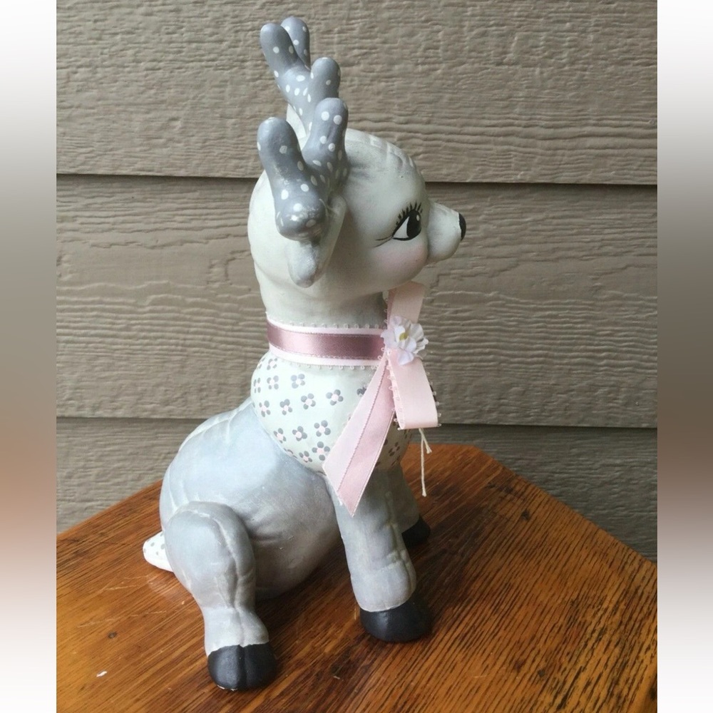 Vintage Decorative Gray and Pink Deer Ceramic Figurine with Bow - Picture 4 of 9